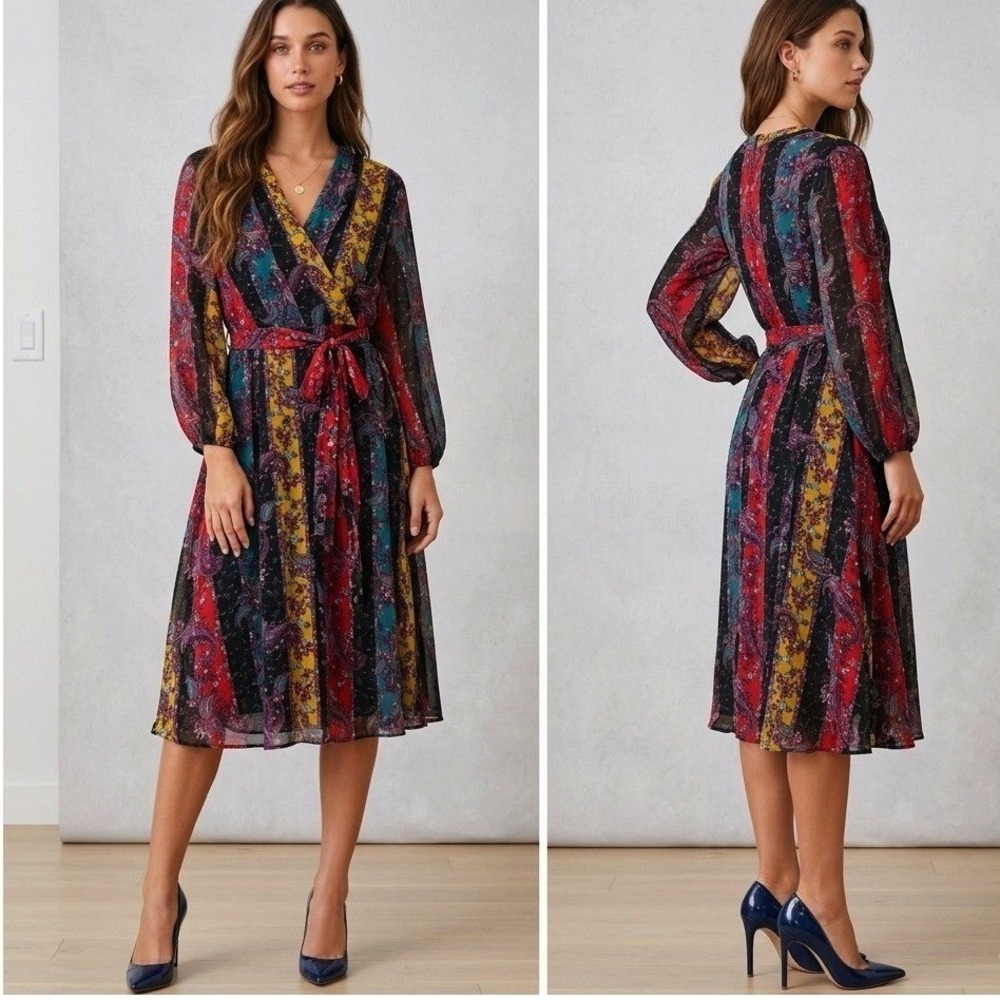 MAISON TARA Mixed Paisley Stripe Dress L/XL Faux Wrap Chiffon V Neck Belted